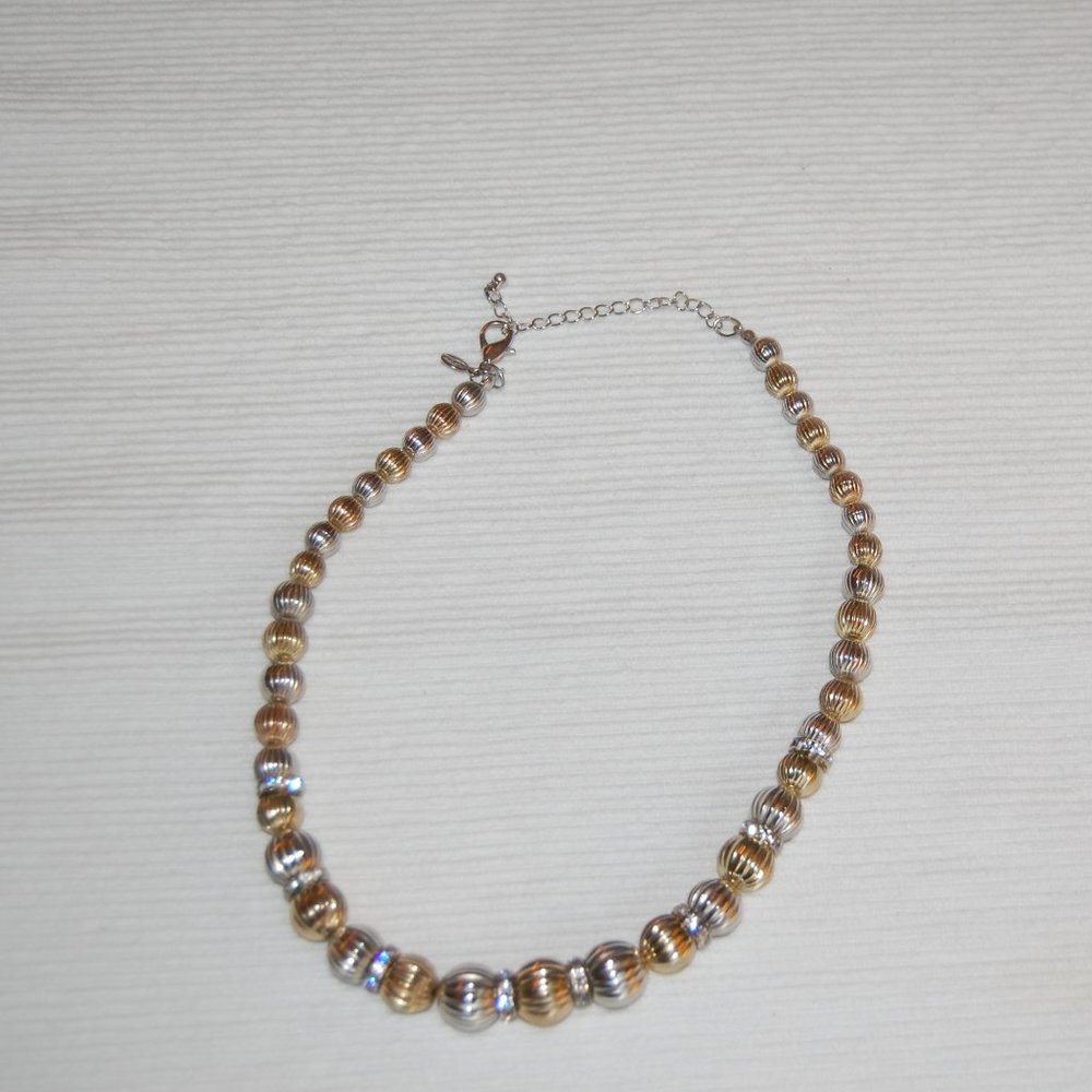 Kim Rogers Silver & Gold Tone Beaded Necklace W/Rhinestone Spacers  20" Long